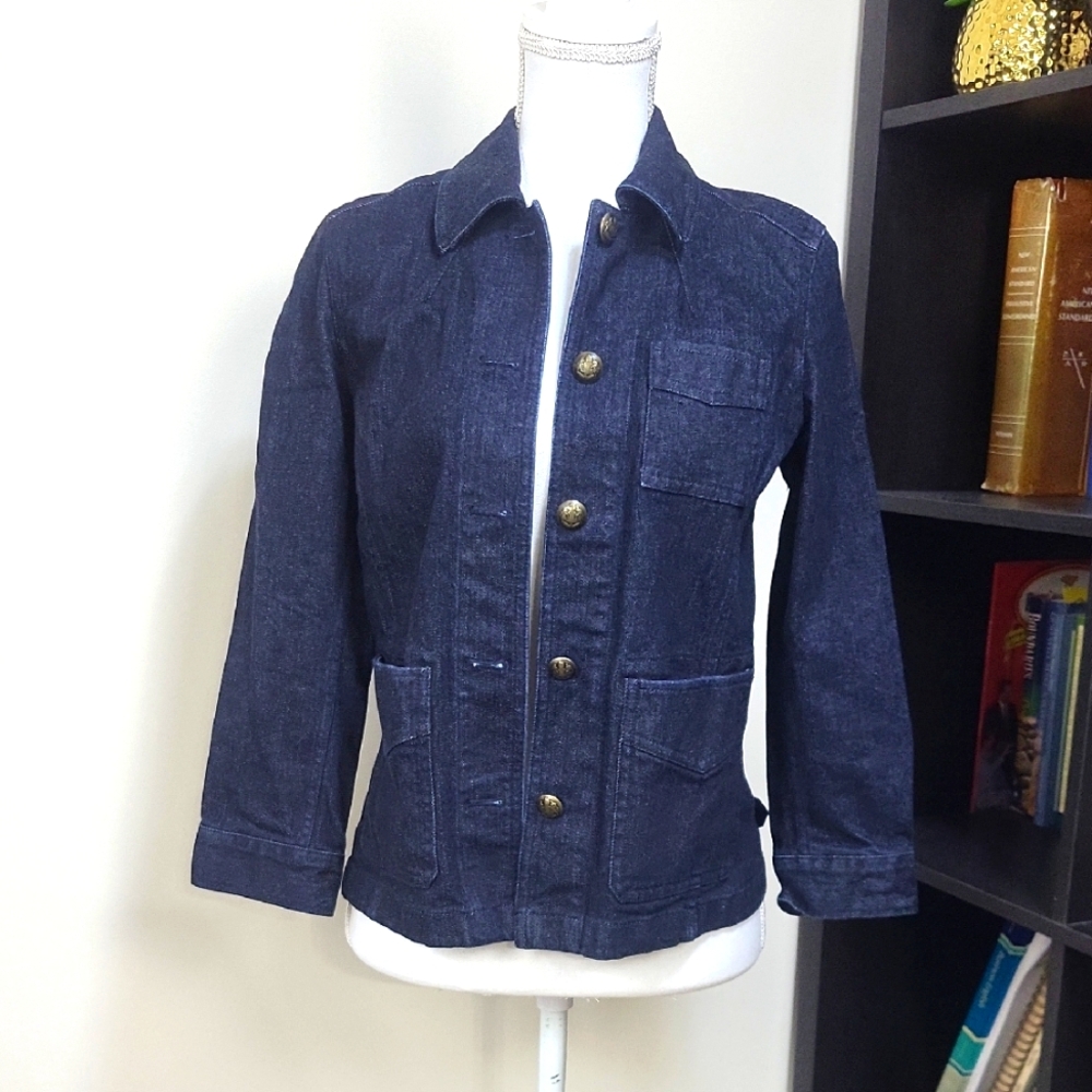 Vtg LAUREN RALPH LAUREN Dark Wash Button Down Open Pocket Jean Jacket